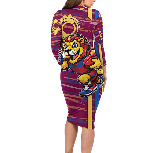 Brisbane Lions Family Matching Long Sleeve Bodycon Dress and Hawaiian Shirt Mascot Cartoon Football Illustration Style