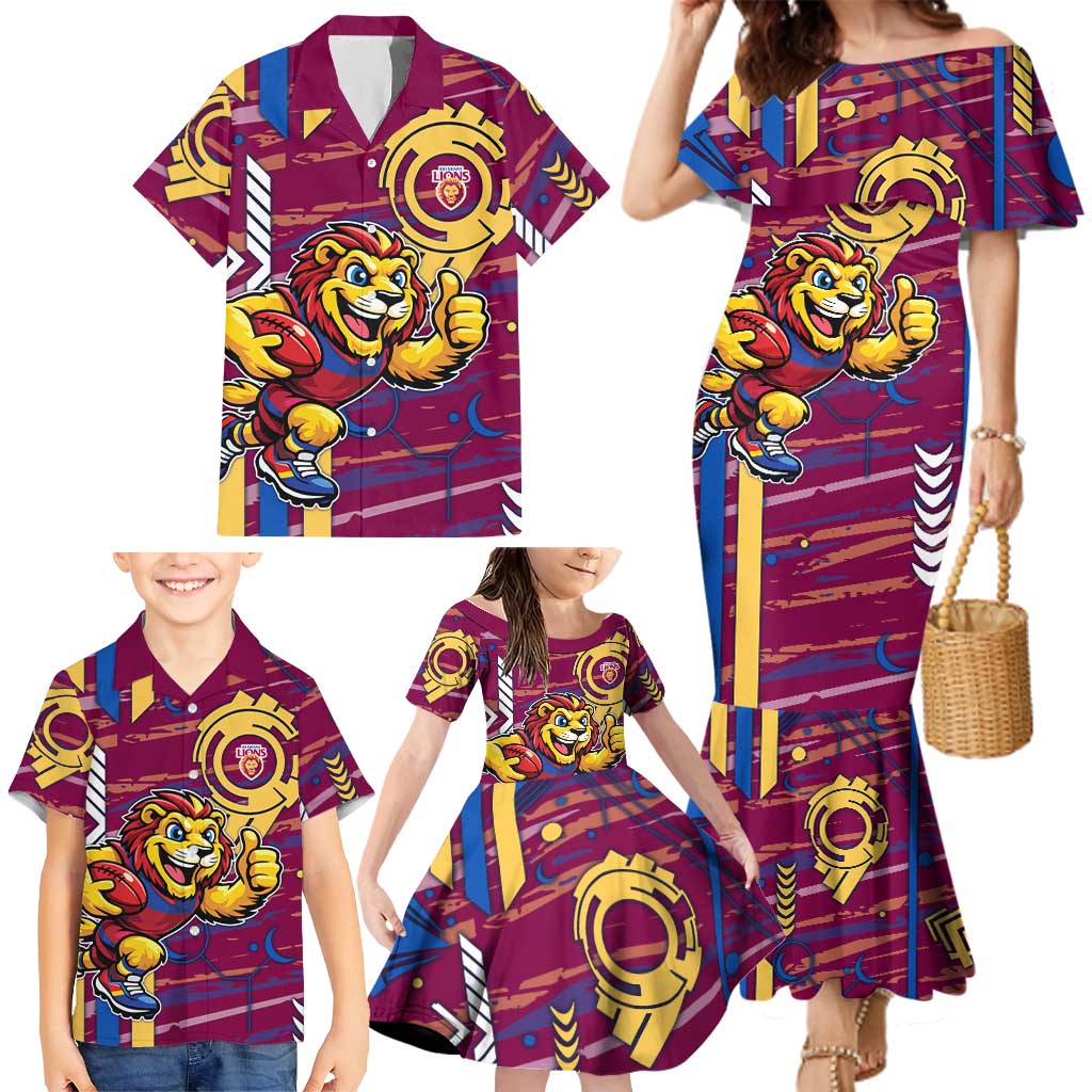Brisbane Lions Family Matching Mermaid Dress and Hawaiian Shirt Mascot Cartoon Football Illustration Style
