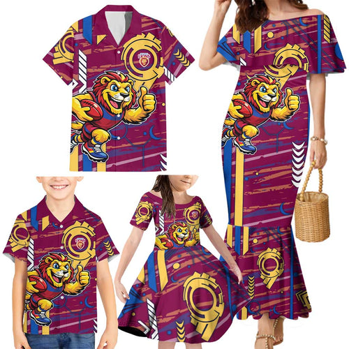 Brisbane Lions Family Matching Mermaid Dress and Hawaiian Shirt Mascot Cartoon Football Illustration Style