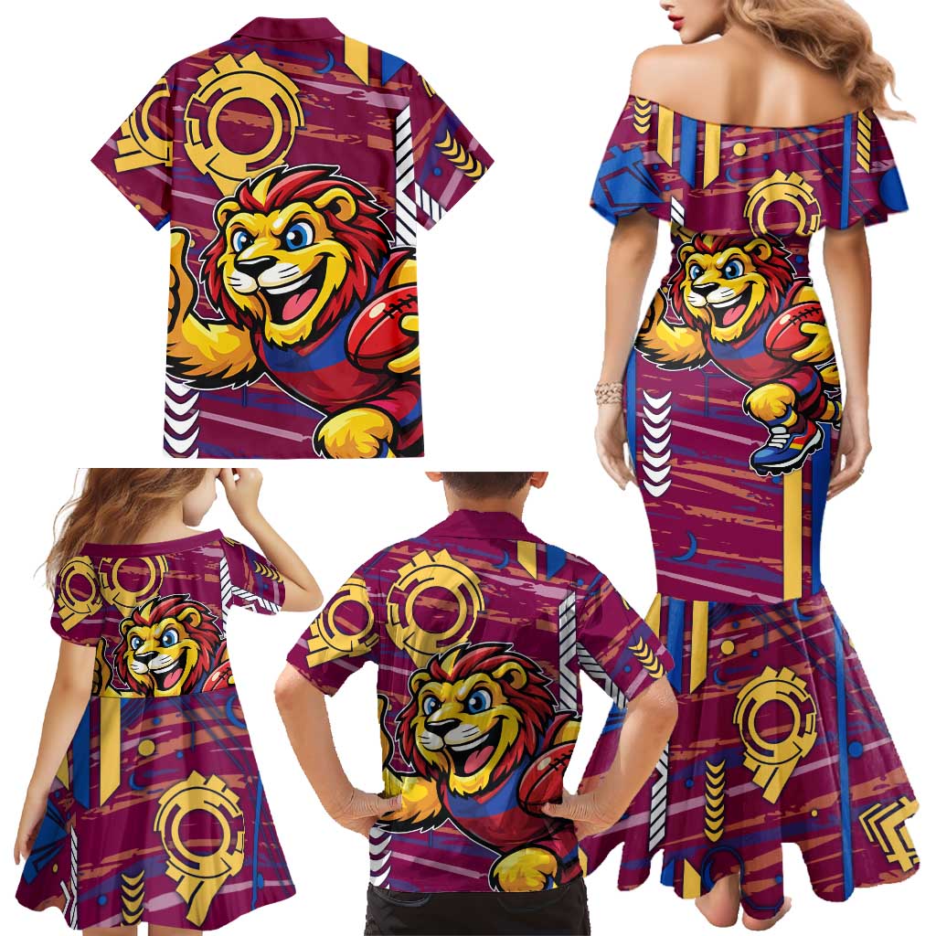 Brisbane Lions Family Matching Mermaid Dress and Hawaiian Shirt Mascot Cartoon Football Illustration Style