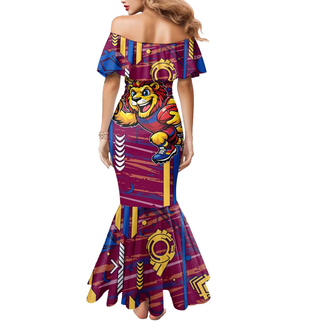 Brisbane Lions Family Matching Mermaid Dress and Hawaiian Shirt Mascot Cartoon Football Illustration Style