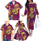 Brisbane Lions Family Matching Off The Shoulder Long Sleeve Dress and Hawaiian Shirt Mascot Cartoon Football Illustration Style