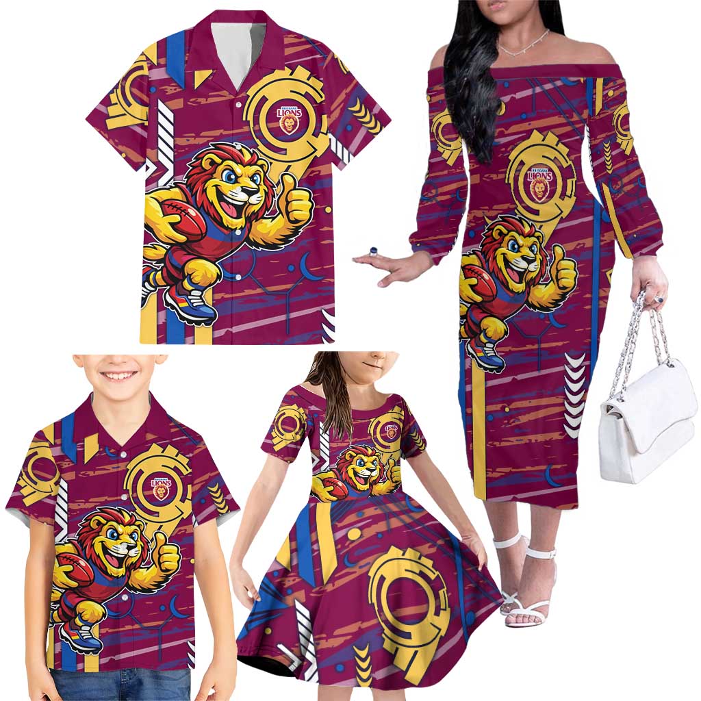 Brisbane Lions Family Matching Off The Shoulder Long Sleeve Dress and Hawaiian Shirt Mascot Cartoon Football Illustration Style