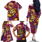 Brisbane Lions Family Matching Off The Shoulder Long Sleeve Dress and Hawaiian Shirt Mascot Cartoon Football Illustration Style