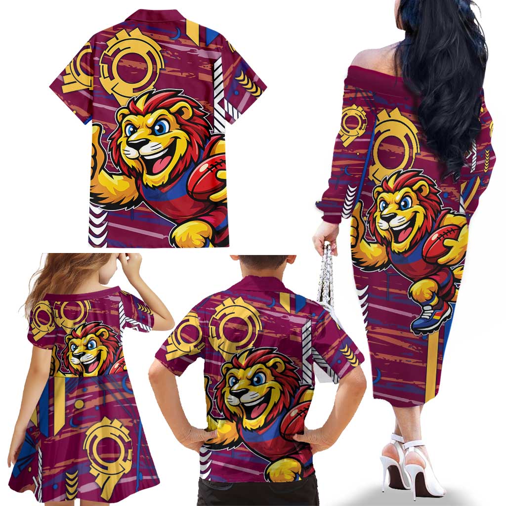 Brisbane Lions Family Matching Off The Shoulder Long Sleeve Dress and Hawaiian Shirt Mascot Cartoon Football Illustration Style
