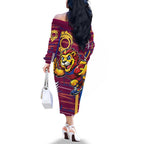 Brisbane Lions Family Matching Off The Shoulder Long Sleeve Dress and Hawaiian Shirt Mascot Cartoon Football Illustration Style
