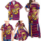 Brisbane Lions Family Matching Off Shoulder Maxi Dress and Hawaiian Shirt Mascot Cartoon Football Illustration Style