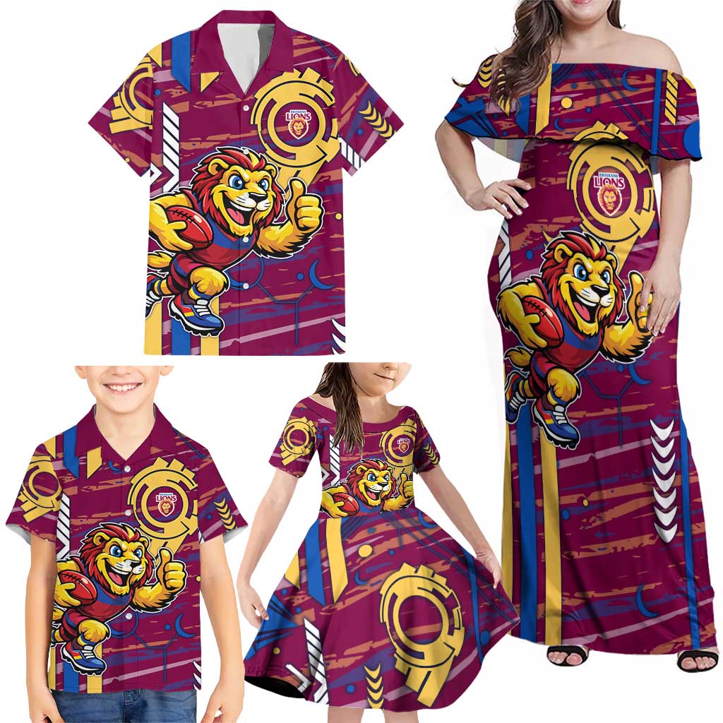 Brisbane Lions Family Matching Off Shoulder Maxi Dress and Hawaiian Shirt Mascot Cartoon Football Illustration Style