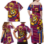 Brisbane Lions Family Matching Off Shoulder Maxi Dress and Hawaiian Shirt Mascot Cartoon Football Illustration Style
