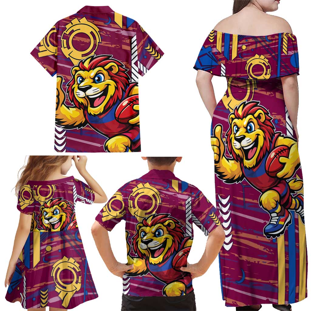 Brisbane Lions Family Matching Off Shoulder Maxi Dress and Hawaiian Shirt Mascot Cartoon Football Illustration Style