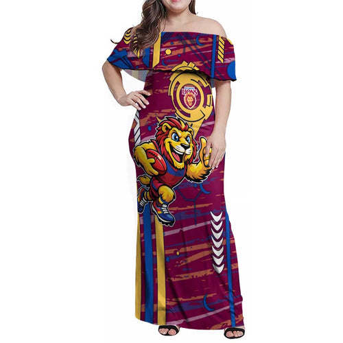 Brisbane Lions Family Matching Off Shoulder Maxi Dress and Hawaiian Shirt Mascot Cartoon Football Illustration Style