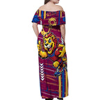 Brisbane Lions Family Matching Off Shoulder Maxi Dress and Hawaiian Shirt Mascot Cartoon Football Illustration Style