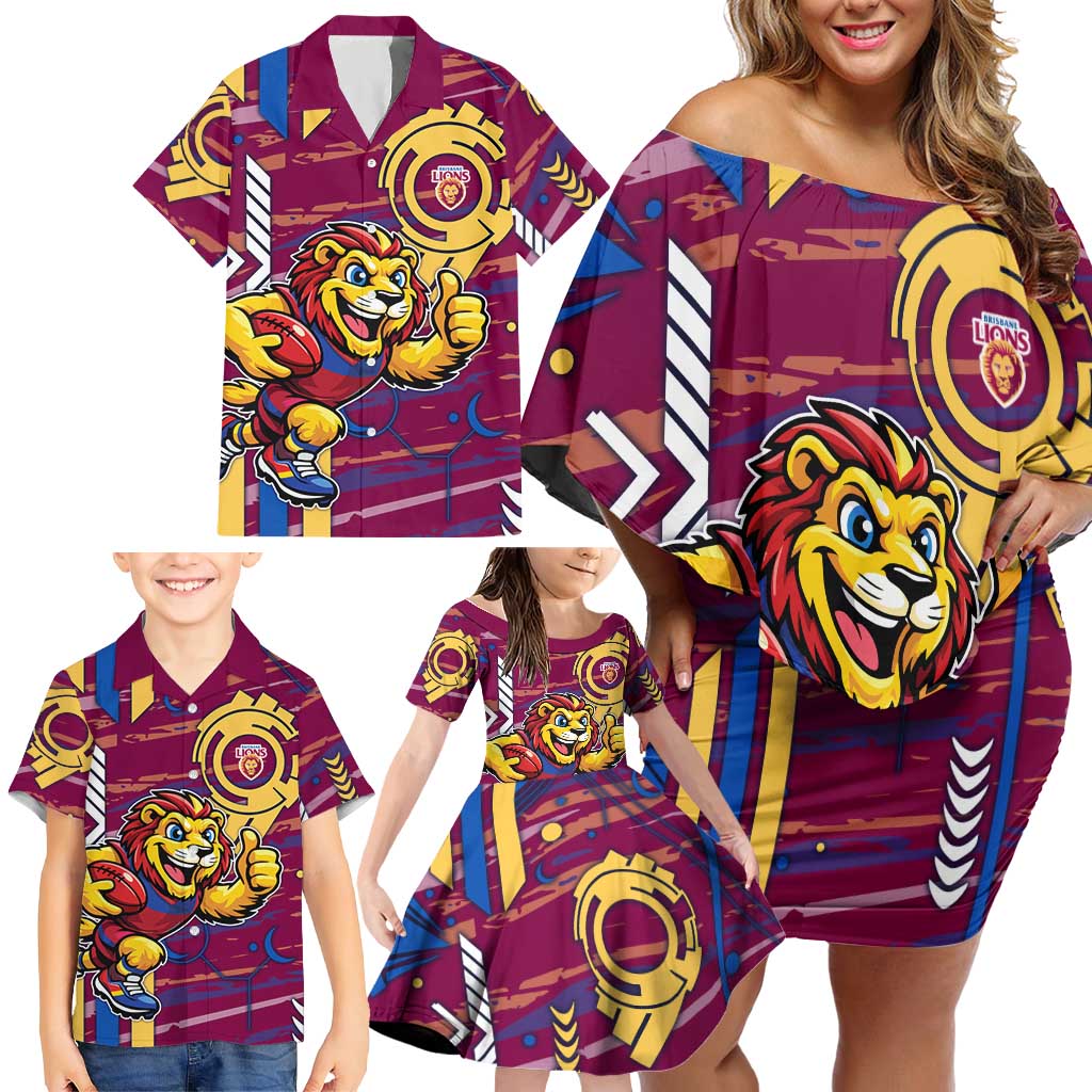 Brisbane Lions Family Matching Off Shoulder Short Dress and Hawaiian Shirt Mascot Cartoon Football Illustration Style