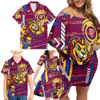 Brisbane Lions Family Matching Off Shoulder Short Dress and Hawaiian Shirt Mascot Cartoon Football Illustration Style