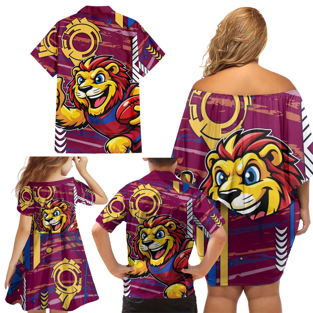 Brisbane Lions Family Matching Off Shoulder Short Dress and Hawaiian Shirt Mascot Cartoon Football Illustration Style