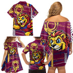 Brisbane Lions Family Matching Off Shoulder Short Dress and Hawaiian Shirt Mascot Cartoon Football Illustration Style