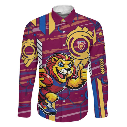 Brisbane Lions Family Matching Off Shoulder Short Dress and Hawaiian Shirt Mascot Cartoon Football Illustration Style