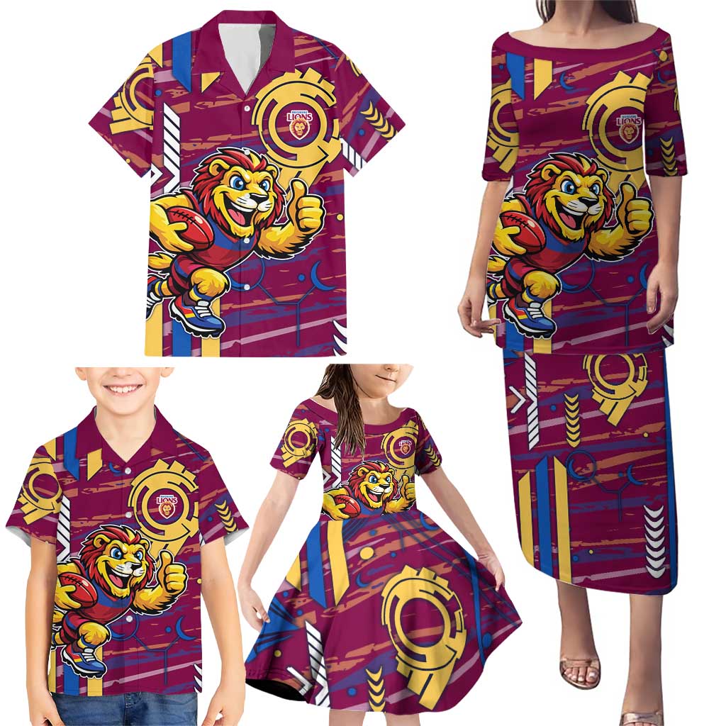 Brisbane Lions Family Matching Puletasi and Hawaiian Shirt Mascot Cartoon Football Illustration Style