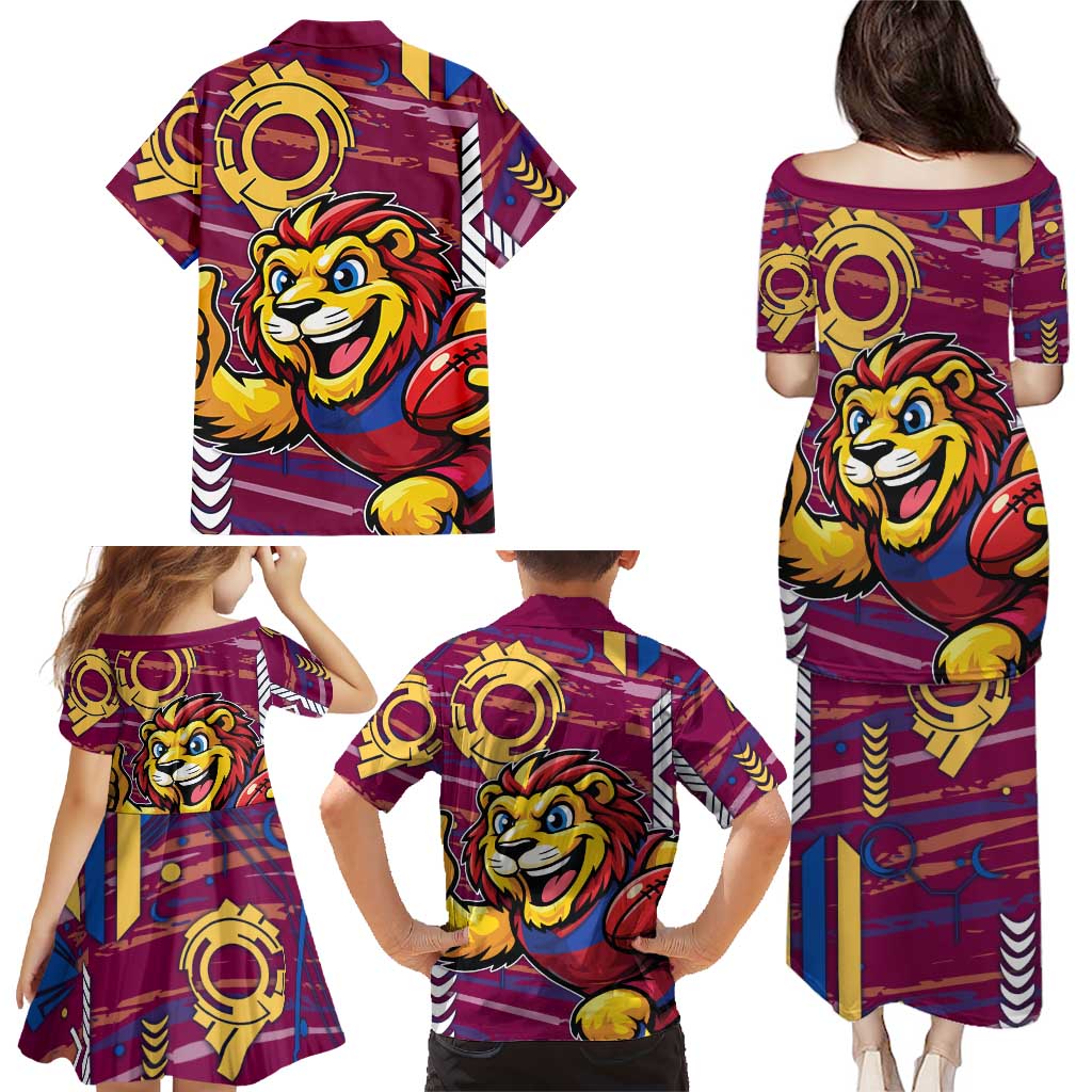 Brisbane Lions Family Matching Puletasi and Hawaiian Shirt Mascot Cartoon Football Illustration Style