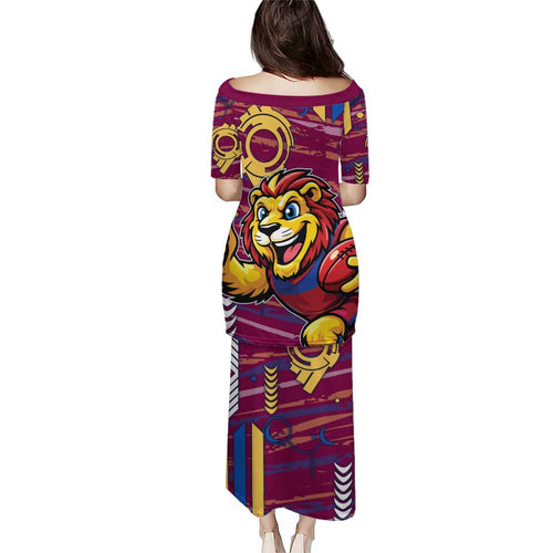 Brisbane Lions Family Matching Puletasi and Hawaiian Shirt Mascot Cartoon Football Illustration Style