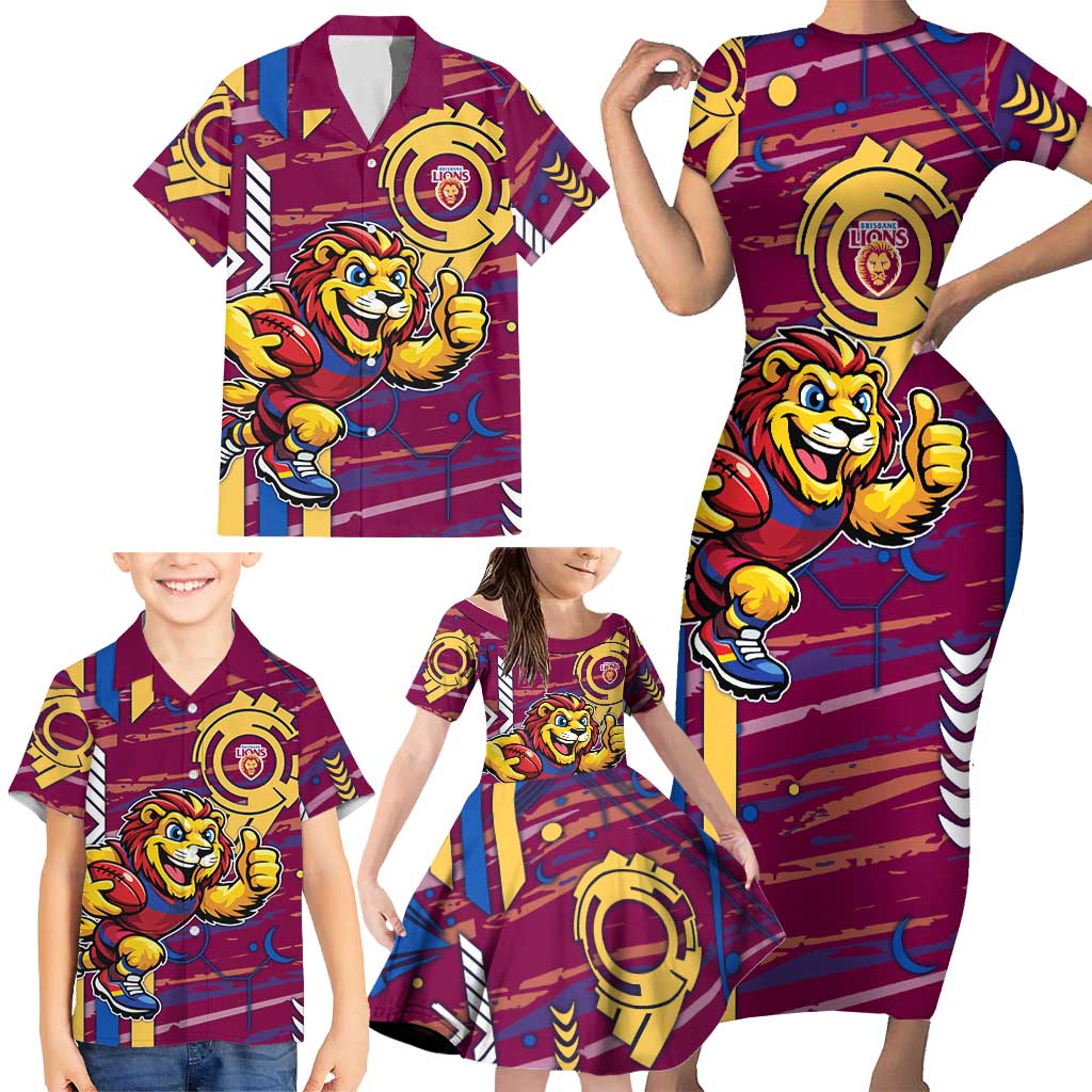 Brisbane Lions Family Matching Short Sleeve Bodycon Dress and Hawaiian Shirt Mascot Cartoon Football Illustration Style