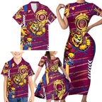 Brisbane Lions Family Matching Short Sleeve Bodycon Dress and Hawaiian Shirt Mascot Cartoon Football Illustration Style