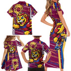 Brisbane Lions Family Matching Short Sleeve Bodycon Dress and Hawaiian Shirt Mascot Cartoon Football Illustration Style