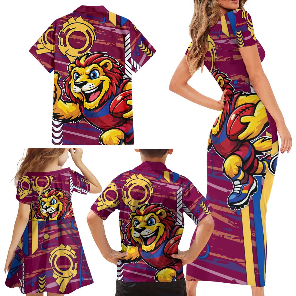 Brisbane Lions Family Matching Short Sleeve Bodycon Dress and Hawaiian Shirt Mascot Cartoon Football Illustration Style