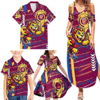 Brisbane Lions Family Matching Summer Maxi Dress and Hawaiian Shirt Mascot Cartoon Football Illustration Style