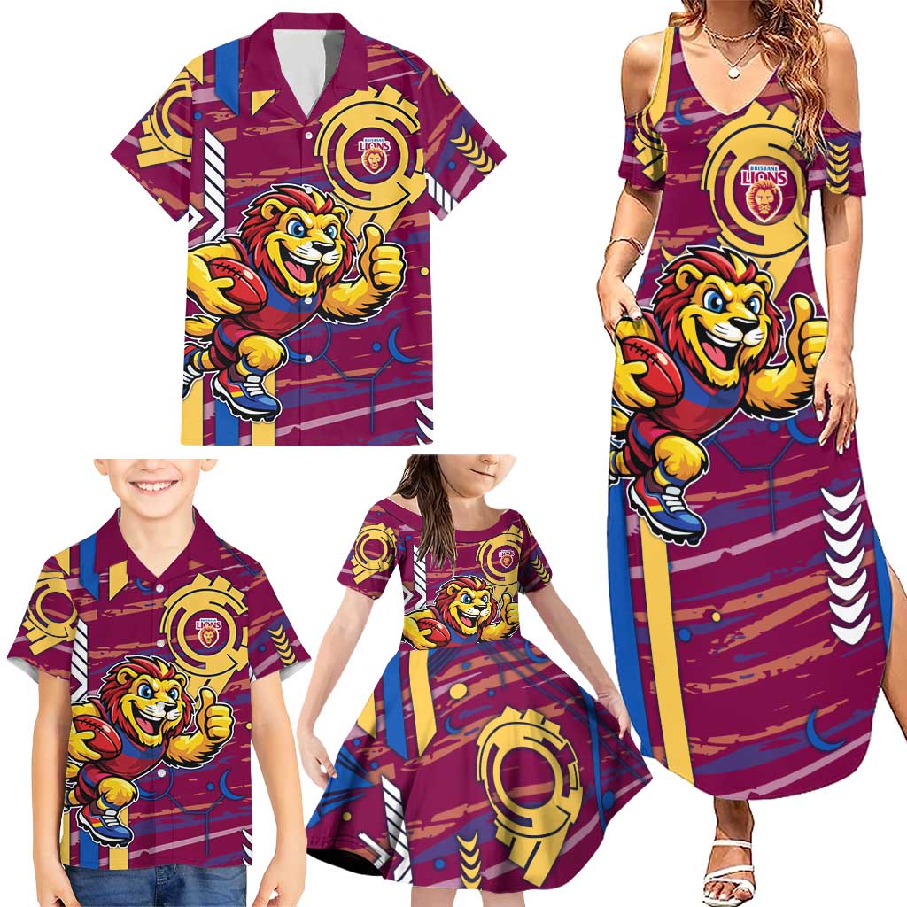 Brisbane Lions Family Matching Summer Maxi Dress and Hawaiian Shirt Mascot Cartoon Football Illustration Style