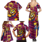 Brisbane Lions Family Matching Summer Maxi Dress and Hawaiian Shirt Mascot Cartoon Football Illustration Style