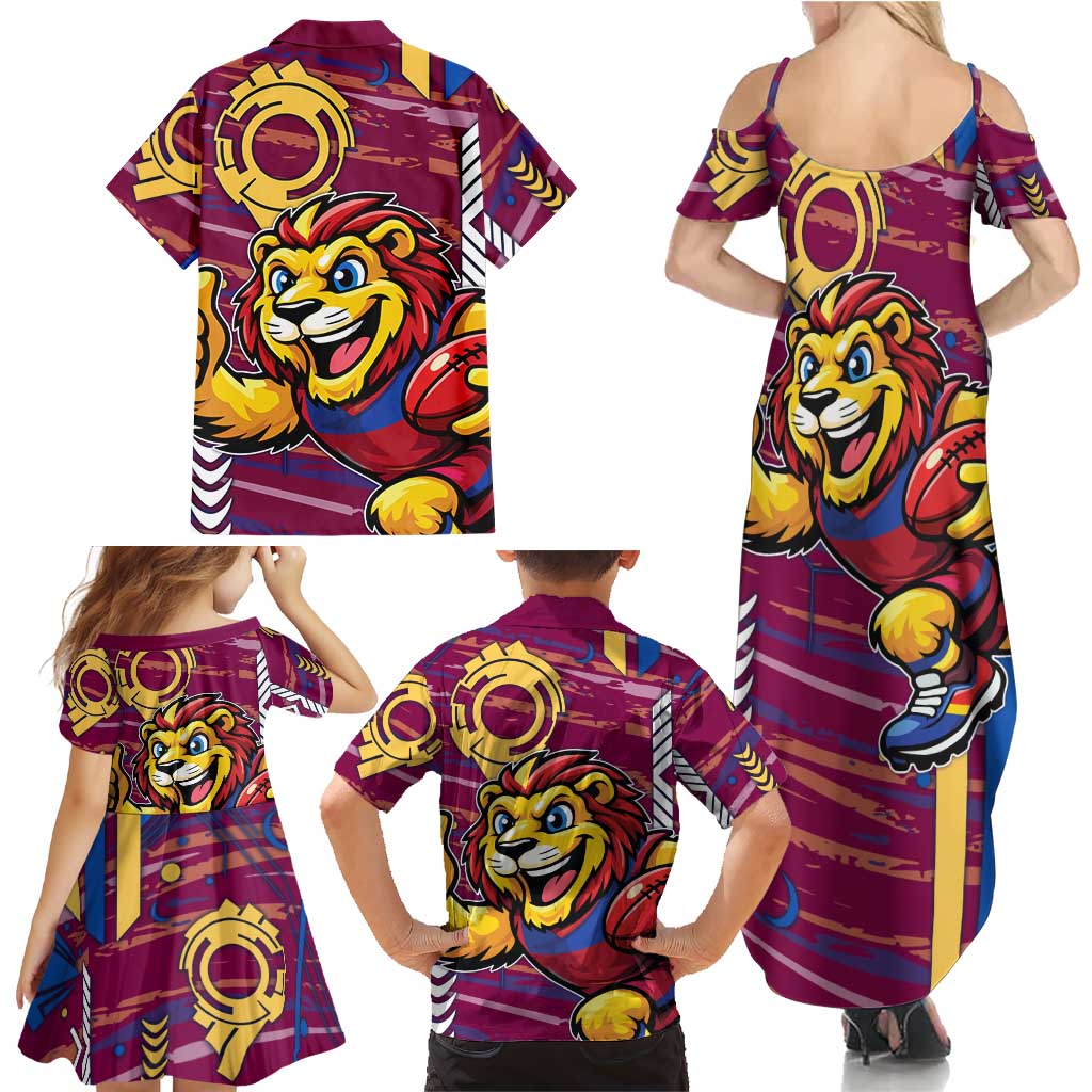 Brisbane Lions Family Matching Summer Maxi Dress and Hawaiian Shirt Mascot Cartoon Football Illustration Style