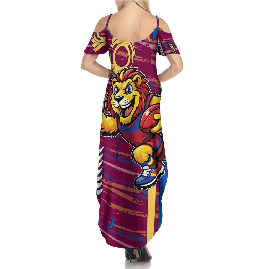 Brisbane Lions Family Matching Summer Maxi Dress and Hawaiian Shirt Mascot Cartoon Football Illustration Style