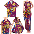 Brisbane Lions Family Matching Tank Maxi Dress and Hawaiian Shirt Mascot Cartoon Football Illustration Style