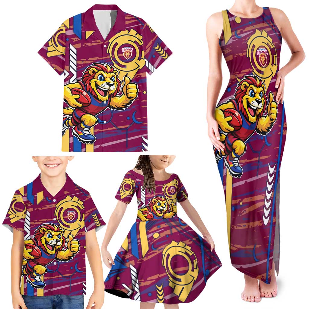 Brisbane Lions Family Matching Tank Maxi Dress and Hawaiian Shirt Mascot Cartoon Football Illustration Style