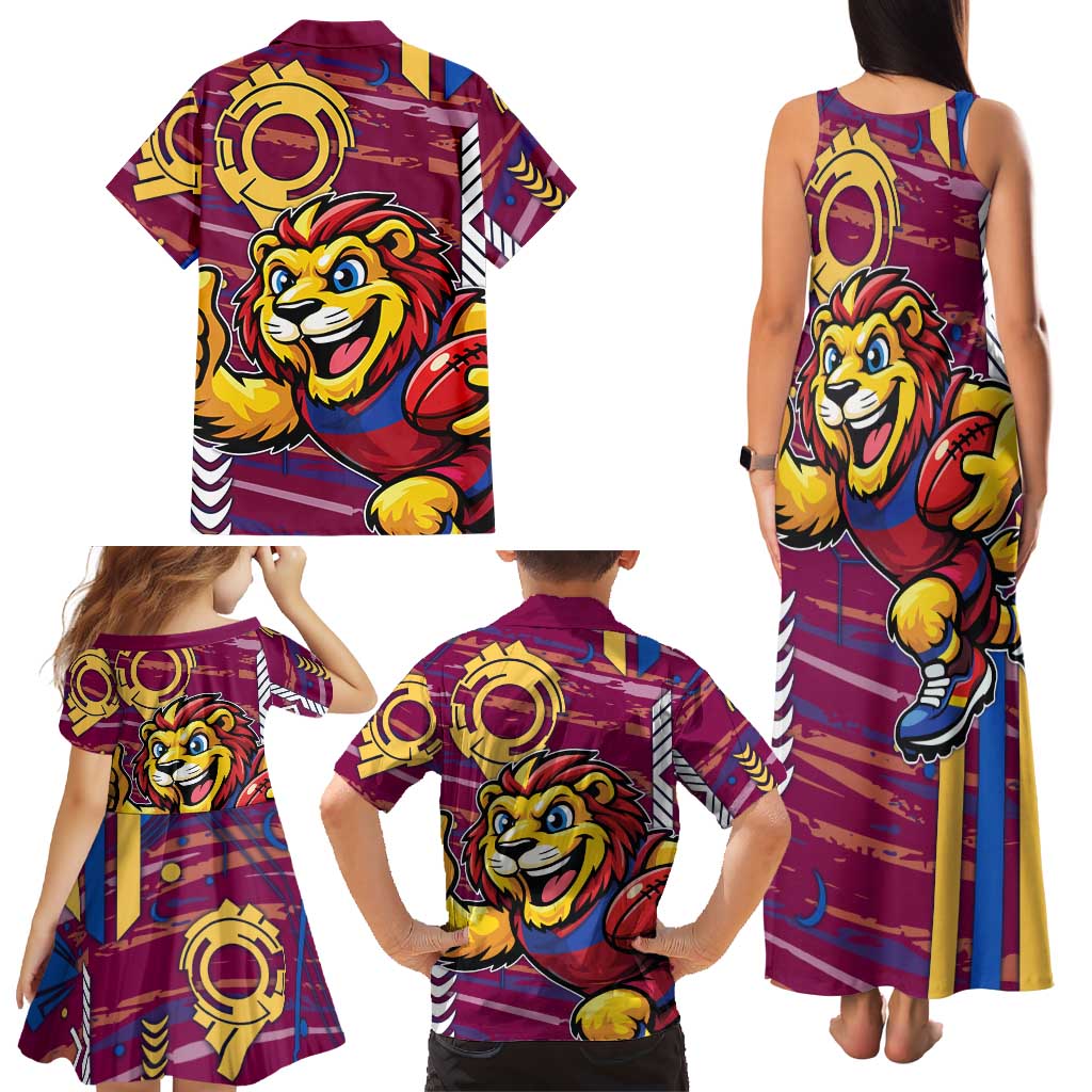 Brisbane Lions Family Matching Tank Maxi Dress and Hawaiian Shirt Mascot Cartoon Football Illustration Style