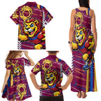 Brisbane Lions Family Matching Tank Maxi Dress and Hawaiian Shirt Mascot Cartoon Football Illustration Style