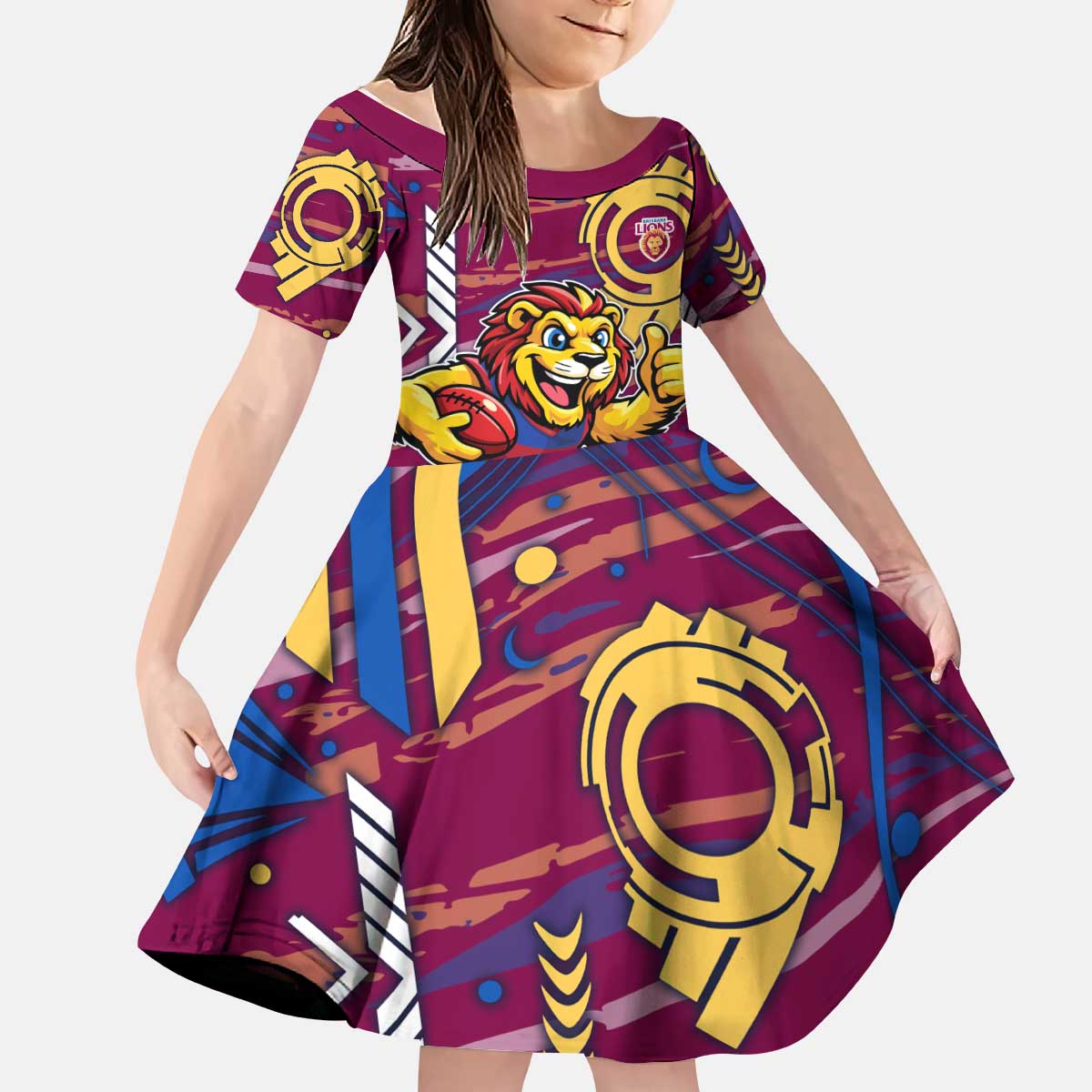 Brisbane Lions Kid Short Sleeve Dress Mascot Cartoon Football Illustration Style