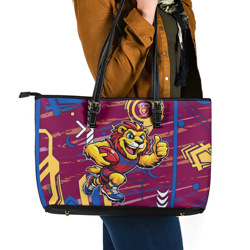 Brisbane Lions Leather Tote Bag Mascot Cartoon Football Illustration Style