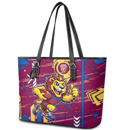 Brisbane Lions Leather Tote Bag Mascot Cartoon Football Illustration Style