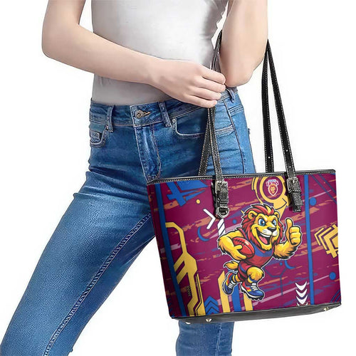 Brisbane Lions Leather Tote Bag Mascot Cartoon Football Illustration Style