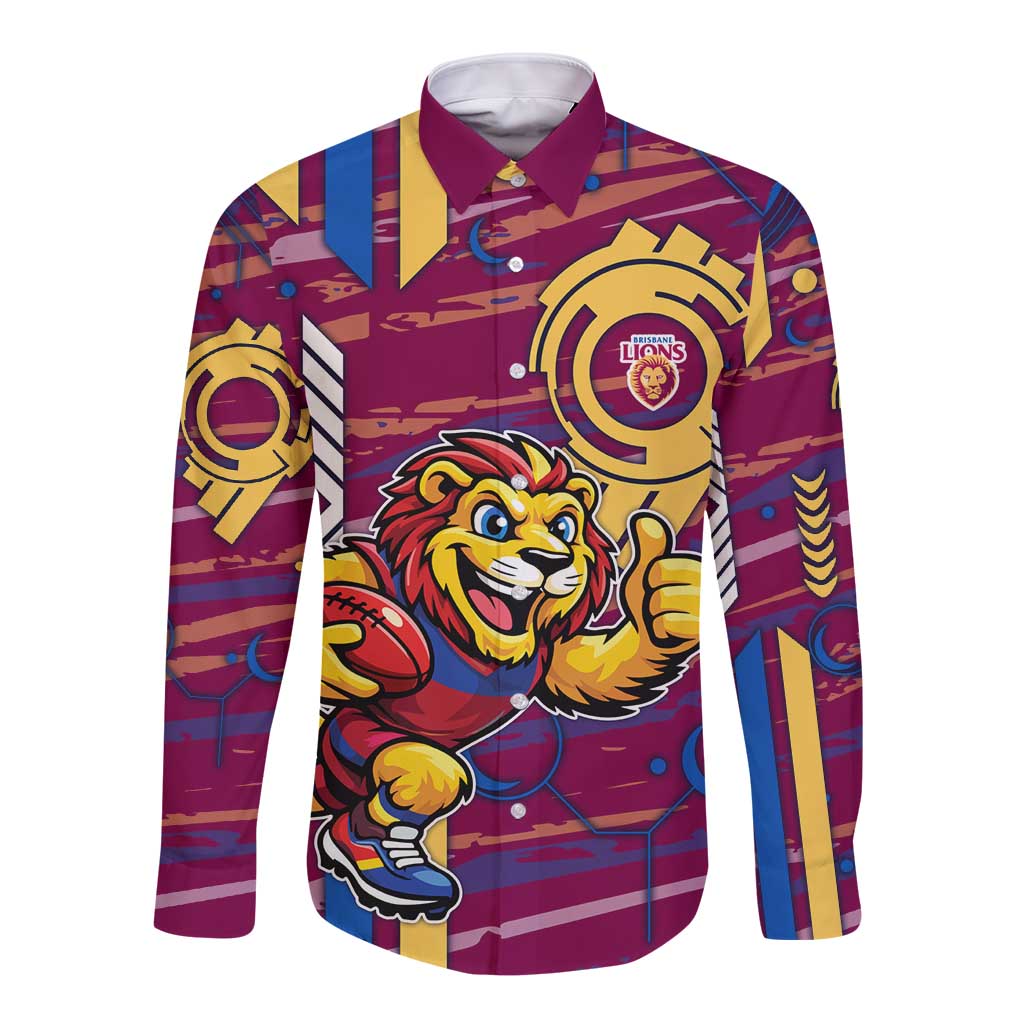 Brisbane Lions Long Sleeve Button Shirt Mascot Cartoon Football Illustration Style