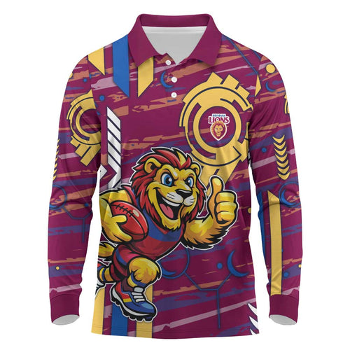 Brisbane Lions Long Sleeve Polo Shirt Mascot Cartoon Football Illustration Style