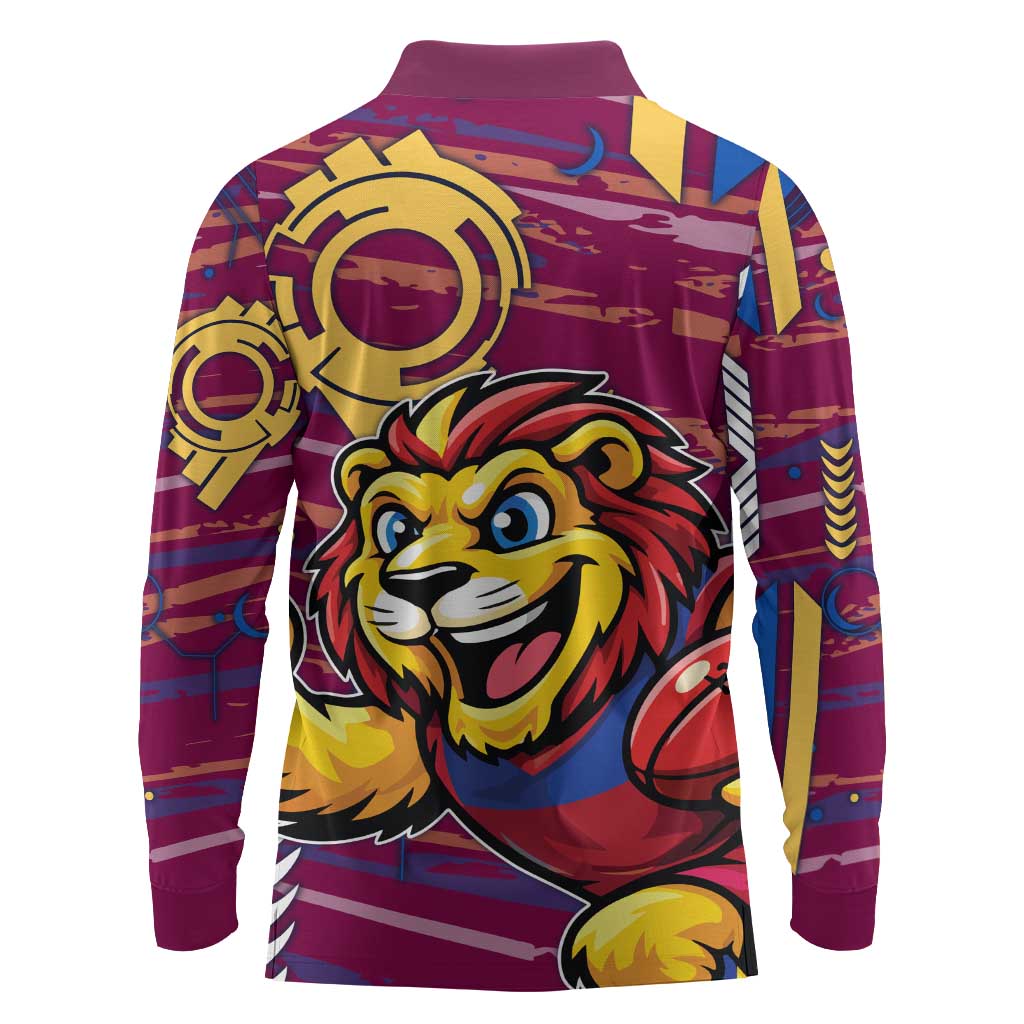 Brisbane Lions Long Sleeve Polo Shirt Mascot Cartoon Football Illustration Style