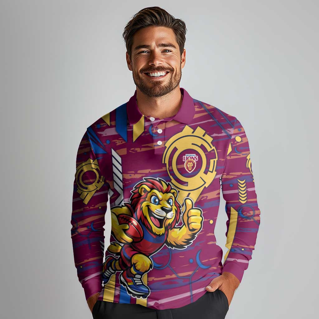 Brisbane Lions Long Sleeve Polo Shirt Mascot Cartoon Football Illustration Style