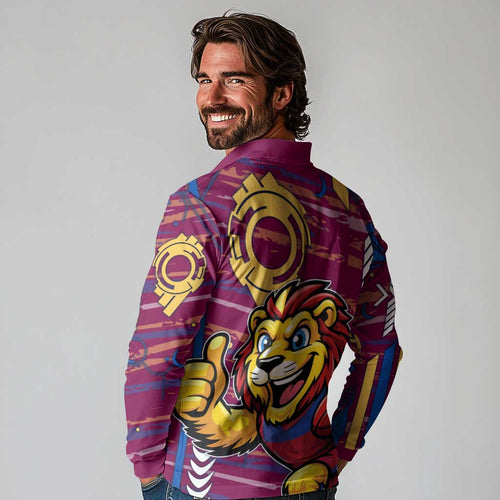 Brisbane Lions Long Sleeve Polo Shirt Mascot Cartoon Football Illustration Style