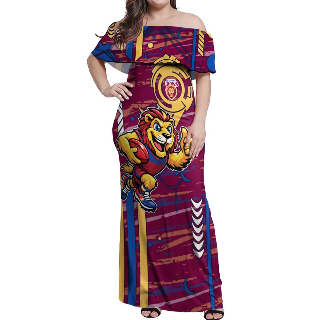Brisbane Lions Off Shoulder Maxi Dress Mascot Cartoon Football Illustration Style