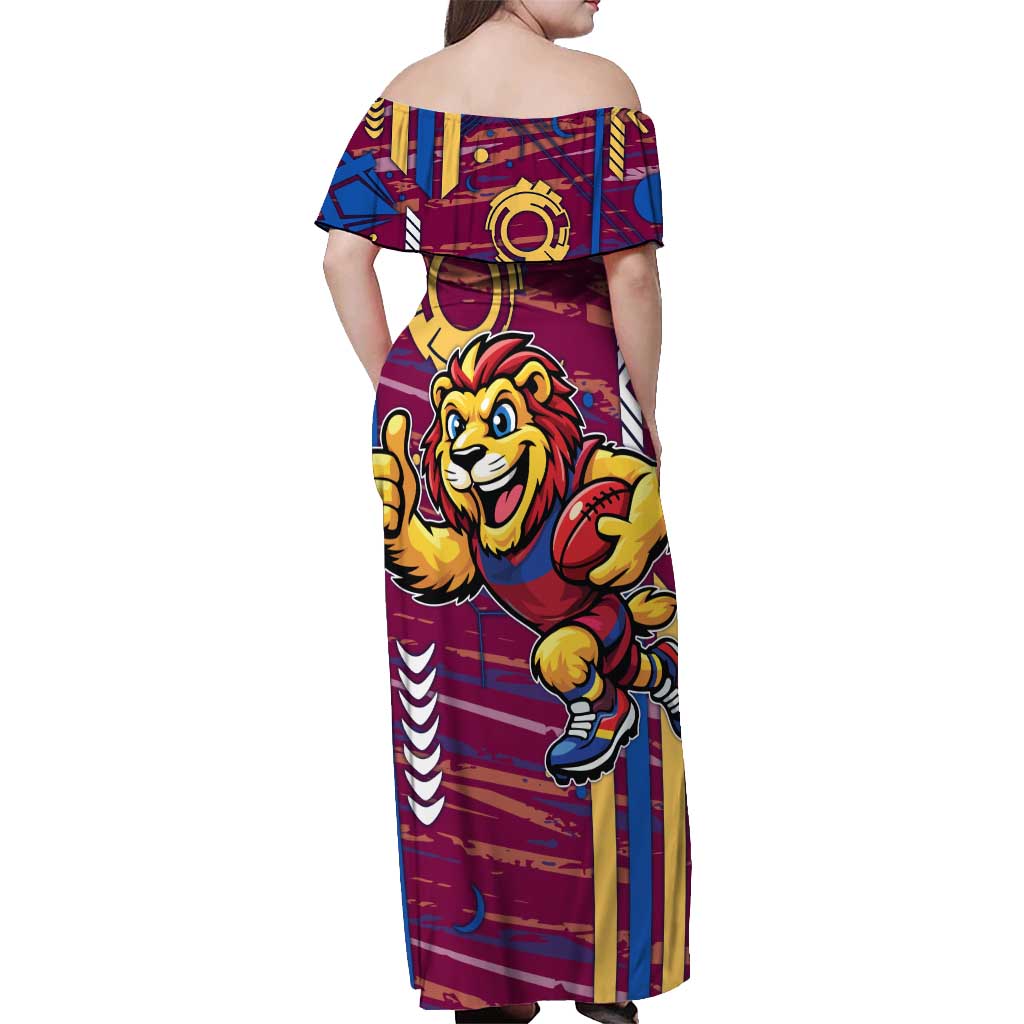 Brisbane Lions Off Shoulder Maxi Dress Mascot Cartoon Football Illustration Style