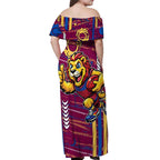 Brisbane Lions Off Shoulder Maxi Dress Mascot Cartoon Football Illustration Style