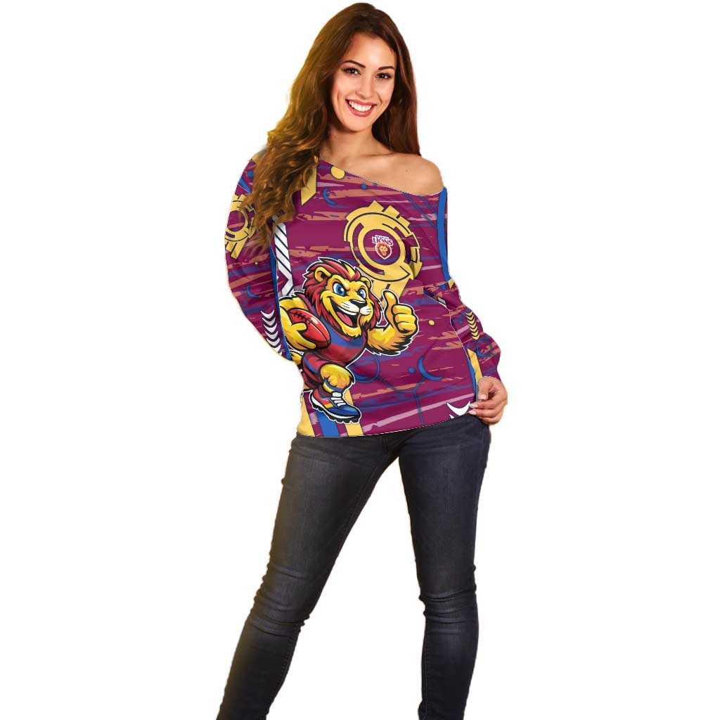 Brisbane Lions Off Shoulder Sweater Mascot Cartoon Football Illustration Style